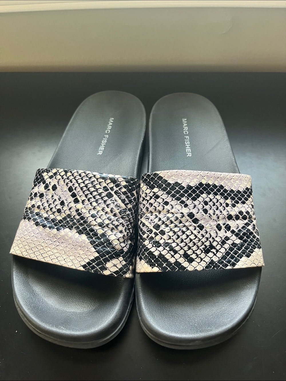 Marc Fisher Black and Beige Snake-Print Slide Sandals